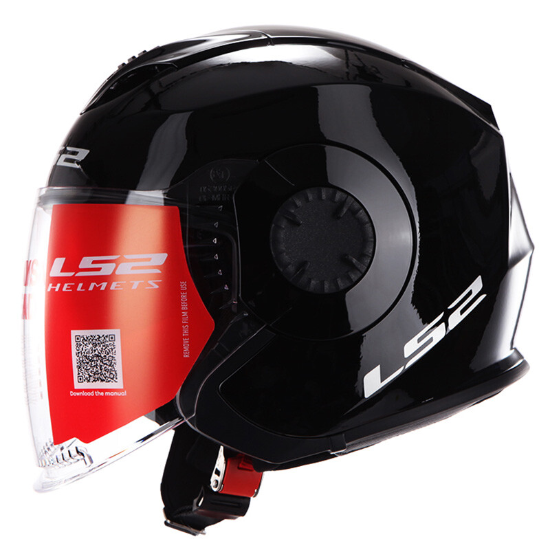 新款LS2半盔摩托车头盔双镜片男女四季通用内置蓝牙槽复古帽檐of570 亮黑 L